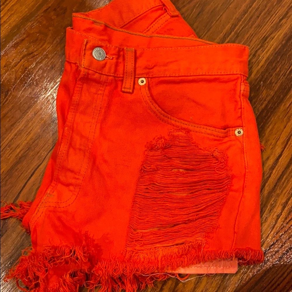 Bright Red Ripped Jean Shorts